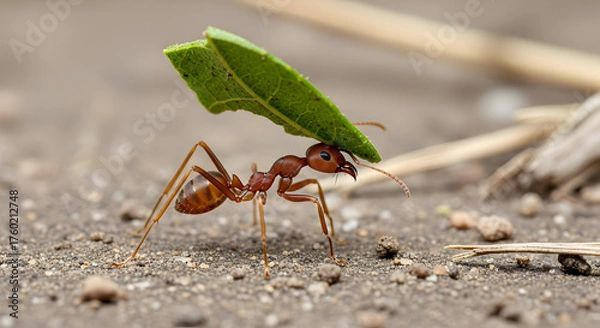 Obraz Determined red ant carrying a vibrant green leaf, showcasing its impressive strength and the intricate world of insect labor