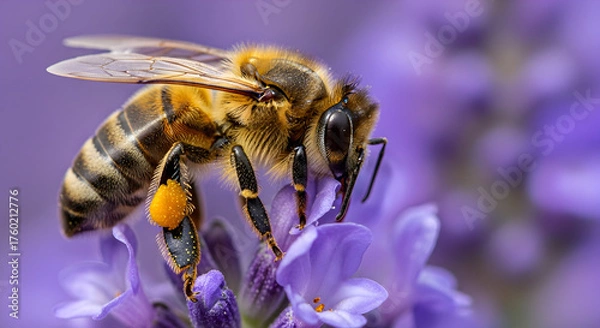 Obraz Busy honeybee diligently pollinating a vibrant purple lavender flower, covered in pollen, showcasing vital ecosystem work