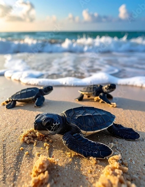 Obraz Three baby turtles on a sandy beach, with ocean waves in background