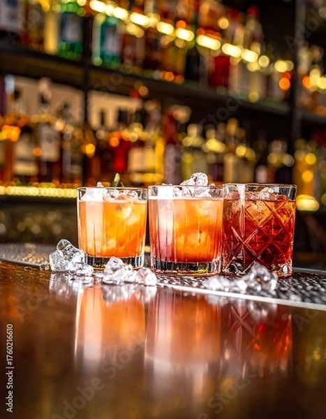 Obraz Three cocktails with ice sitting on a bar, with background liquor bottles
