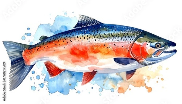 Fototapeta Watercolor painting of a colorful salmon with detailed scales and fins