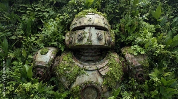 Fototapeta Robot Statue in a Lush Green Jungle, High Resolution Picture