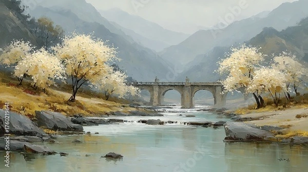 Fototapeta Serene Landscape Painting of Misty Mountains, Flowing River, Arch Bridge, and Blossoming Trees in Gold and White Hues