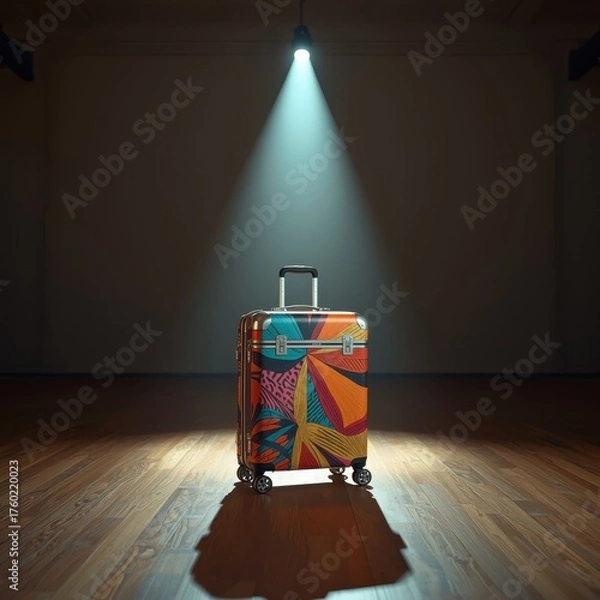 Fototapeta Colorful designer suitcase in a spotlight in a large dark room