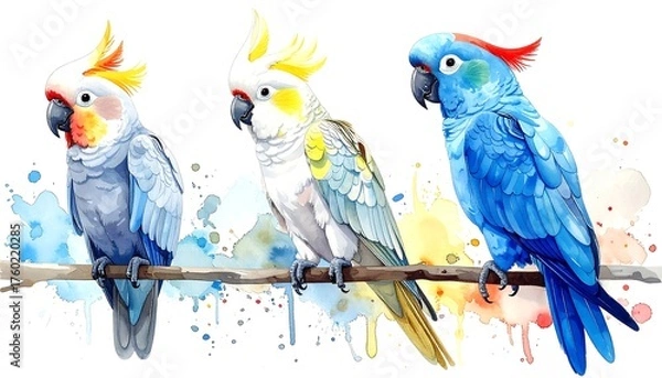 Fototapeta Watercolor painting of three colorful parrots perched on a branch