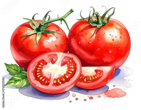 Fototapeta Watercolor painting showcasing ripe tomatoes, cut and whole, with green basil