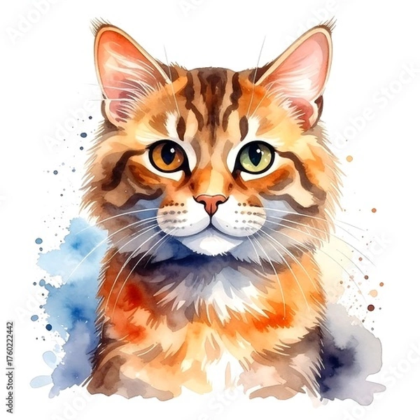 Fototapeta Watercolor portrait of a fluffy, multi-colored feline looking forward