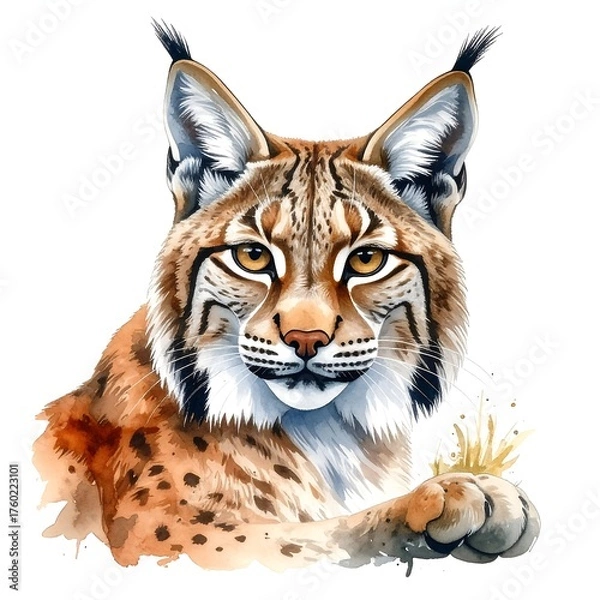 Fototapeta Watercolor portrait of a Lynx with striking fur and amber eyes