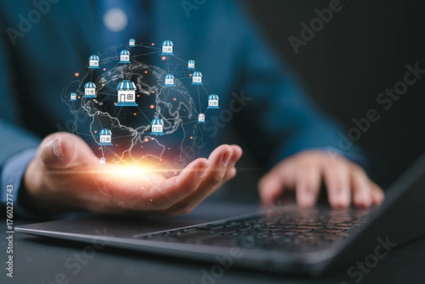 Fototapeta Franchise business concept, franchise business or marketing expansion for growth, franchise marketing system in global business network, brand building and modern technology.