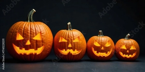 Fototapeta Artisan carved pumpkins Intricately carved pumpkins with creative designs, illuminated from within. Close up, eye level shot of several intricately carved pumpkins with unique, artistic designs. Warm