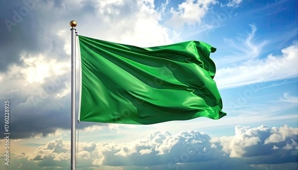 Obraz Vibrant Green Flag Fluttering Against A Dramatic Cloudy Sky With Sun Rays Shining Through