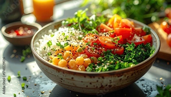 Fototapeta Vibrant Healthy Grain Bowl Packed With Chickpeas Cherry Tomatoes Fresh Greens and Sesame Seeds Bathed in Soft Natural Sunlight