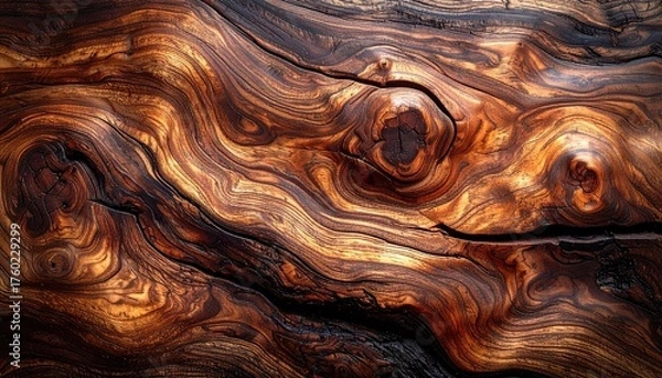 Fototapeta Close up macro shot of dark weathered wood grain with intricate swirling patterns and natural cracks illuminated by soft lighting