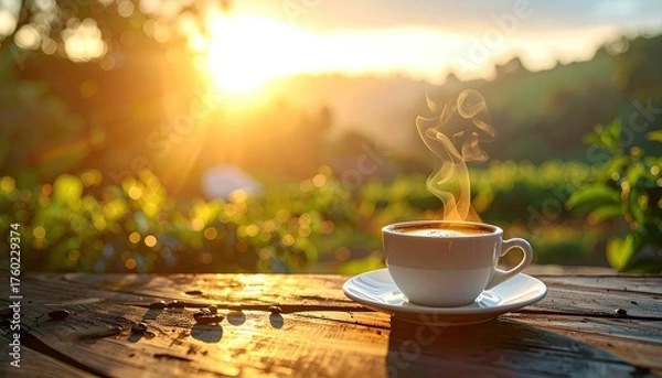 Fototapeta Steaming cup of coffee on a rustic wooden table bathed in the warm golden glow of a sunrise over lush green hills and trees