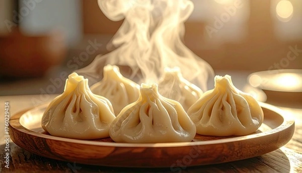 Fototapeta Steaming Hot Dumplings Arranged on a Wooden Plate with Soft Golden Hour Lighting