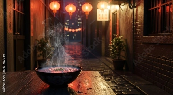 Fototapeta A steaming bowl of soup sits on a wooden table in a dimly lit alleyway adorned with traditional Chinese lanterns.