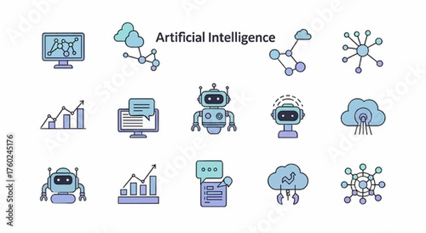 Fototapeta AI Technology Flat Icons Set – Minimal Vector Illustrations of Artificial Intelligence, Chatbot, Data, and Cloud Computing Concepts