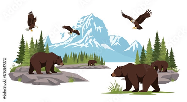 Fototapeta A vibrant illustration depicting a natural mountain landscape with brown bears, cubs, and flying eagles amidst pine trees and rocky terrain.