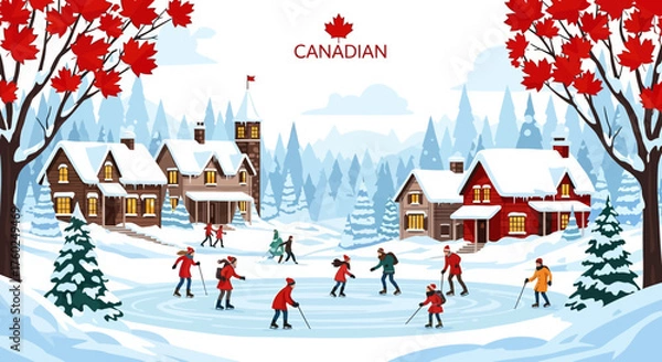 Fototapeta A festive Canadian winter village scene with people ice skating on a frozen pond surrounded by snowy houses and red maple trees.