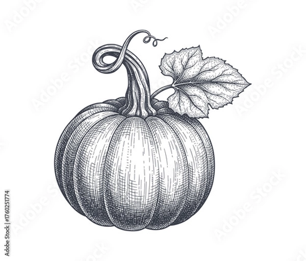 Fototapeta Vintage Hand Drawn Pumpkin with Leaf | Detailed Botanical Ink Sketch | Autumn Harvest Design