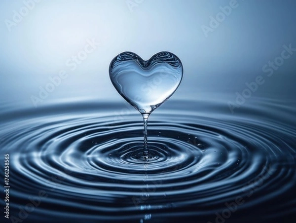 Fototapeta Clear water droplet forming a heart shape above rippling water surface with soft blue lighting