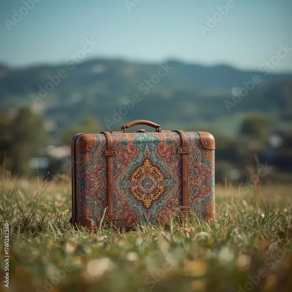 Fototapeta a highly detailed and stylish colorful trolly suitcase is the central focus of this cinematic photo, captured in daylight with a shallow depth of field, creating a beautiful blurred landscape