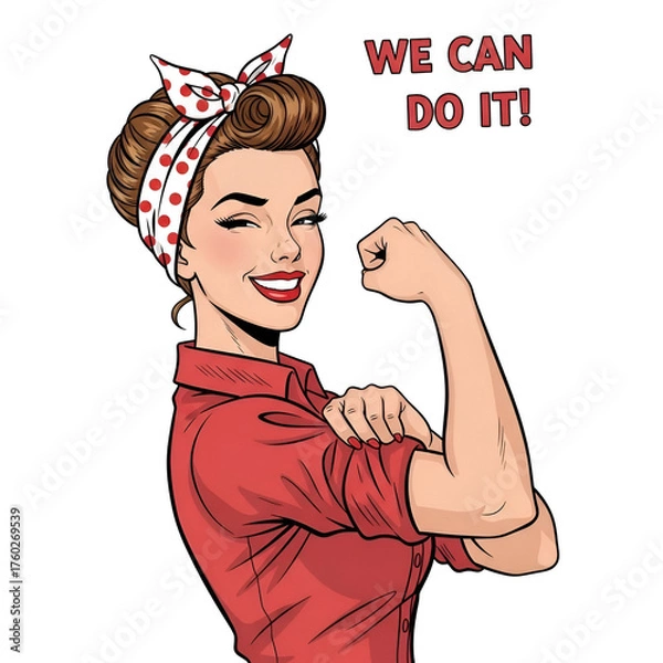 Fototapeta Vintage 'We Can Do It!' Rosie the Riveter Illustration. Empowered woman flexing bicep, a strong symbol of female power, determination, and resilience. Retro graphic for inspiration and success.