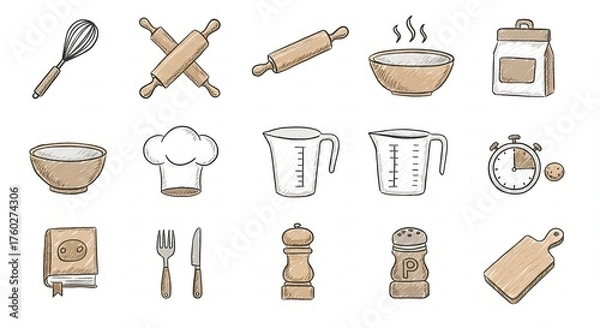 Fototapeta A collection of hand-drawn illustrations of various baking and cooking utensils and ingredients.