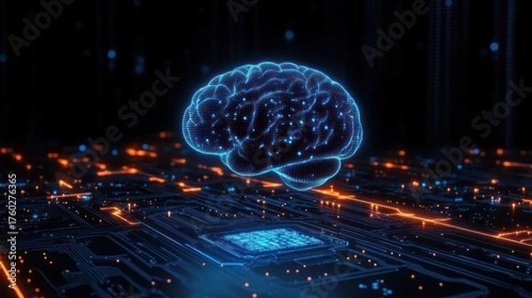 Fototapeta Glowing blue digital brain hologram hovering above an illuminated microchip circuit board with bright orange and blue lights conveying advanced technology and artificial intelligence