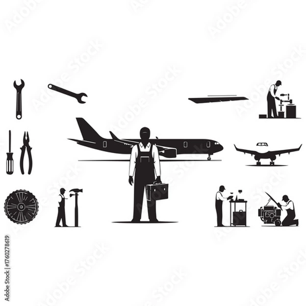 Fototapeta Airplane mechanic tools and aircraft maintenance silhouettes
