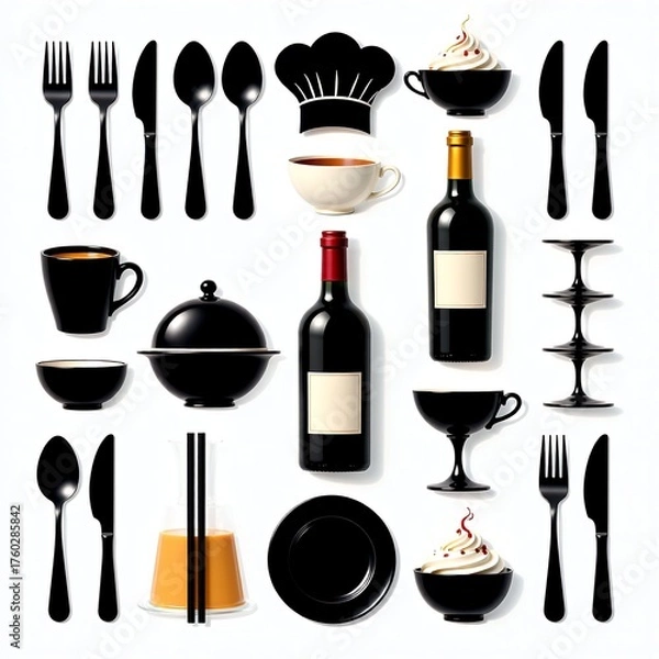 Fototapeta A beautifully organized collection of essential restaurant and dining elements, showcasing black tableware, cutlery, wine, and gourmet food icons isolated on a white background for culinary concepts