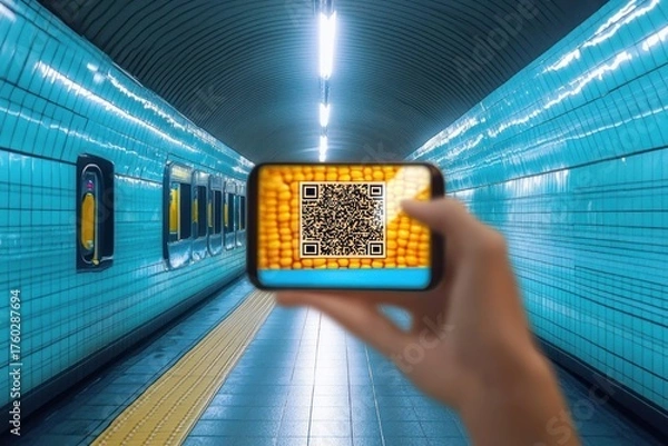 Obraz Hand holding smartphone scanning a QR code with corn image in a modern blue tiled subway corridor under bright fluorescent lights