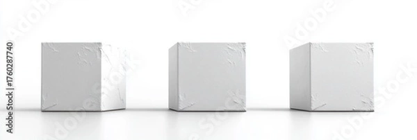 Fototapeta Three white textured cubes arranged in a row on a reflective white surface with subtle shadows
