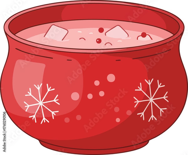 Fototapeta Illustration of a red punch bowl with snowflakes and ice cubes.