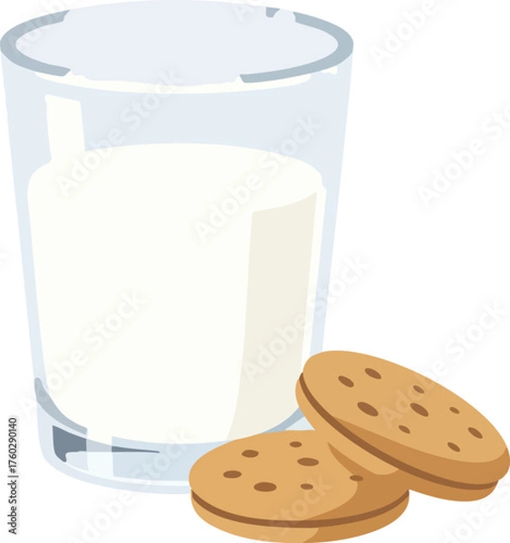 Fototapeta A classic and comforting snack of a glass of milk with two round sandwich cookies, isolated on a white background.