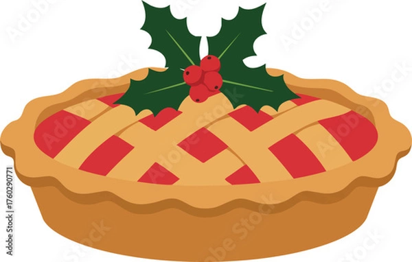 Fototapeta A festive Christmas pie with a lattice crust and a holly berry garnish on top.