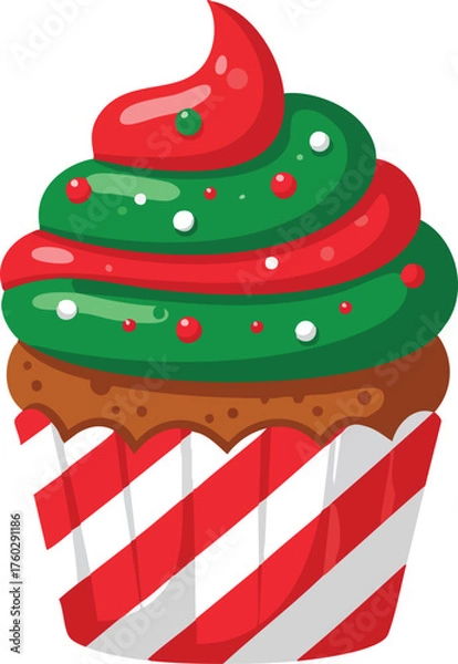 Fototapeta Festive cupcake with red and green frosting, decorated with sprinkles, in a striped wrapper.