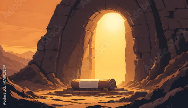 Fototapeta A silhouette of a person with arms raised stands at a cave entrance, looking at a glowing light. Symbolizes hope, discovery, or resurrection.
