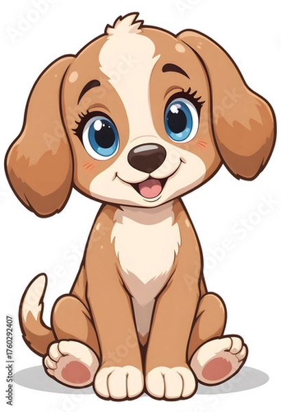 Fototapeta An adorable cartoon puppy dog with big, expressive eyes, sitting and smiling. Isolated on a white background.
