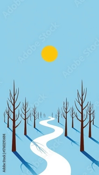 Fototapeta Stylized winter landscape with winding snow path and bare trees under yellow sun
