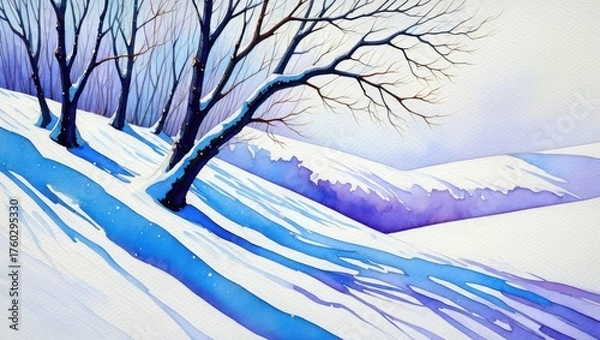 Fototapeta Winter landscape with bare trees on a snowy slope and purple shadows