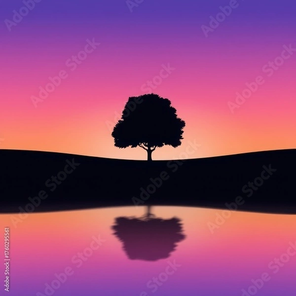Fototapeta Lone tree silhouette reflected in calm water at sunset with purple and pink sky