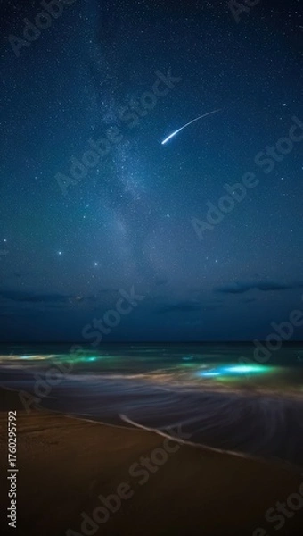 Fototapeta Shooting star streaks across a starry night sky over a beach