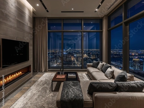 Obraz 夜景が見える高級タワーマンションのリビングルーム、テレビとビルトイン暖炉とソファ
