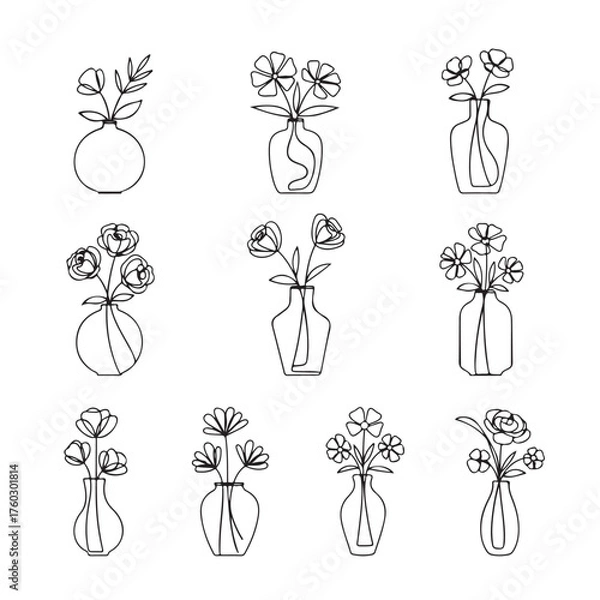 Obraz Modern One Line Flower Vase Vector Set | Abstract Minimal Botanical Line Art