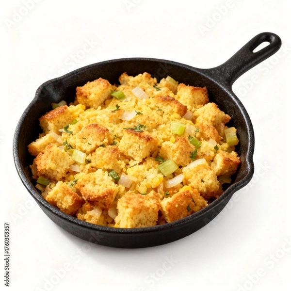 Fototapeta Delicious cornbread stuffing in a cast iron skillet isolated on white background