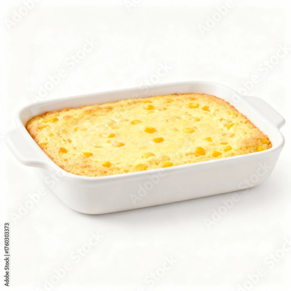 Fototapeta Corn casserole in a white baking dish isolated on white background, side view
