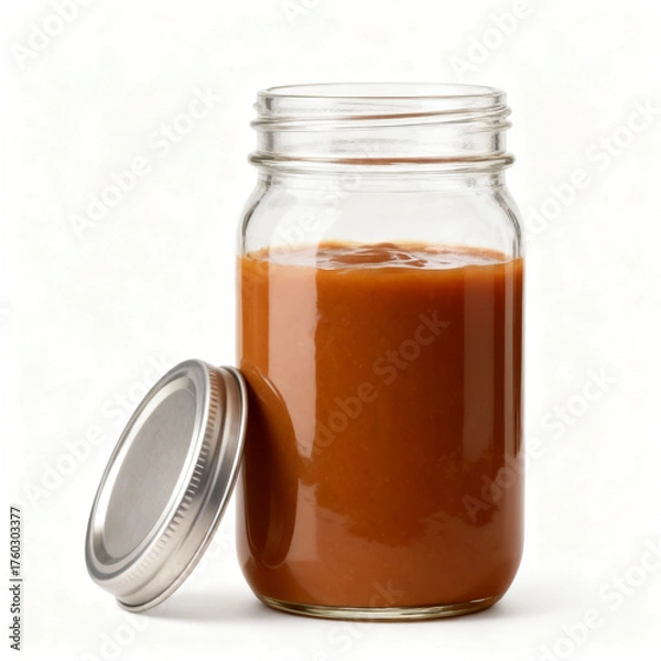 Fototapeta Homemade caramel sauce in a mason jar isolated on white background, lid on the side