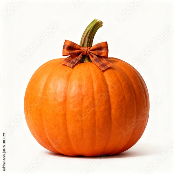 Fototapeta A charming pumpkin adorned with a plaid bow, isolated on white background, evokes the essence of autumn and harvest season