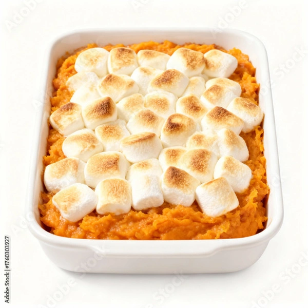 Fototapeta Sweet potato casserole with toasted marshmallows isolated on white background for a holiday side dish